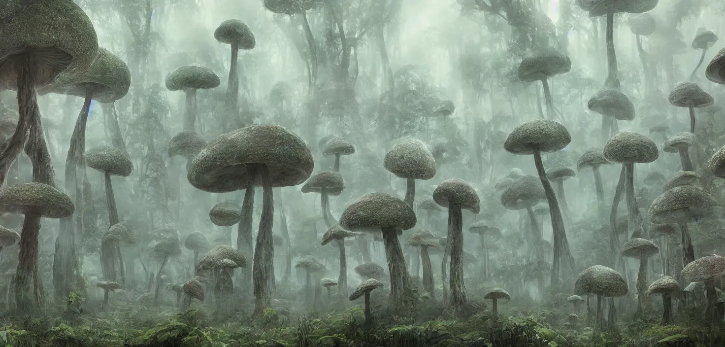 Image similar to a distant dense forest of giant bismuth mutated mushrooms, intricate, highly detailed, organic, volumetric fog, concept art, masterpiece