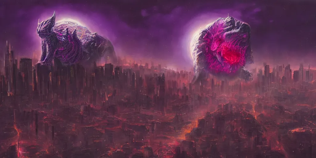 Prompt: Distant future city consumed by horrific cosmic beast, oil painting, hyperrealistic, night, purple crimson color scheme, moon glow cinematic lighting