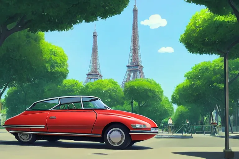 Image similar to a wholesome animation key shot of!! one!! focused! 1 9 7 4 citroen ds! in a tree lined paris street, view of eiffel tower, medium shot, studio ghibli, ( pixar ) and disney animation, sharp, very detailed, high resolution, rendered in unreal engine 5, anime key art by greg rutkowski, bloom, dramatic lighting