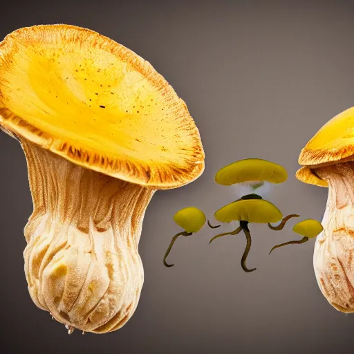 Image similar to human consuming a golden teacher mushroom and realizing everything is connected