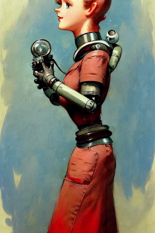 Prompt: adventurer ( ( ( ( ( 1 9 5 0 s retro future android robot maid. muted colors. ) ) ) ) ) by jean baptiste monge!!!!!!!!!!!!!!!!!!!!!!!!! chrome red