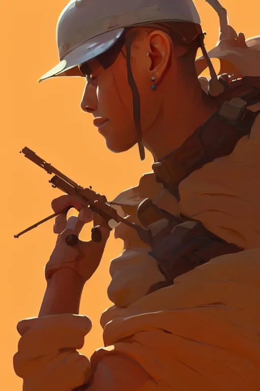 Image similar to desert soldier, smooth face, centered, solid bacgkround, median photoshop filter cutout vector behance, hd by artgerm, jesper ejsing, by rhads, makoto shinkai and lois van baarle, ilya kuvshinov, rossdraws, illustration, art by ilya kuvshinov and gustav klimt