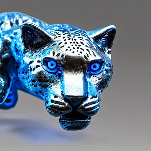 Image similar to silver jaguar sculpture with glowing blue eyes