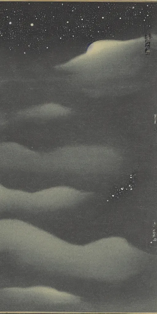 Image similar to painting of the night sky by kitano tsunetomi, 1 9 3 9, monochromatic