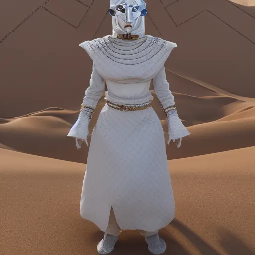 Image similar to portrait of masked dune dynasty with chanel clothes, white background, chanel logo, 8 k, symmetrical, 3 d render, octane render, insane details