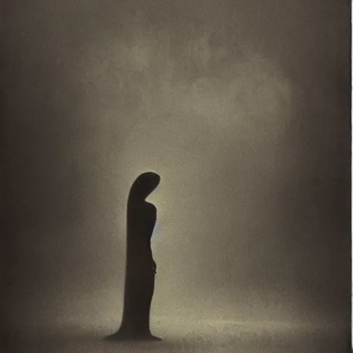 Image similar to vintage snap photography of realistic walking faceless beast-god with many long arms, a huge body covered with deep furs by Zdzisław Beksiński, odd eye, dark fantasy, fat, unbalanced , blur, haze, fog, vignetting, platinum printing