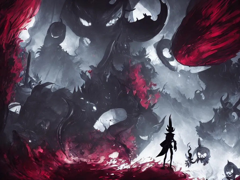 Prompt: cover art for hollow knight. Ominous. High detail. No text. Red. Colors. nightmare king grimm. Sharp. 4K 8K. Detailed shapes.