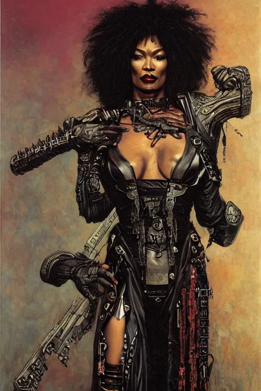 Prompt: full length portrait of angela bassett as a gothic cyberpunk warrior by lawrence alma tadema and zdzislaw beksinski and norman rockwell and jack kirby and tom lovell and greg staples