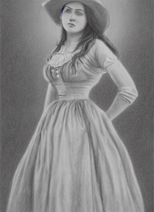 Image similar to 1 8 0 0 s style full body detailed pencil drawing of a cowgirl beautiful face, realistic