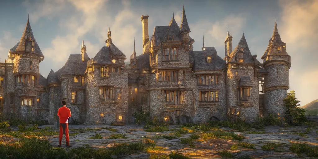 Prompt: a photographic picture of a small man in front of a huge luxurious castle, photographic filter, unreal engine 5, realistic, hyperdetailed, 8 k, cinematic, volumetric lighting, very realistic effect, hd, hdr, 4 k, sharp focus, octane render, ultra detailed, high resolution, trending on artstation in the style of albert dros glowing rich colors powerful imagery