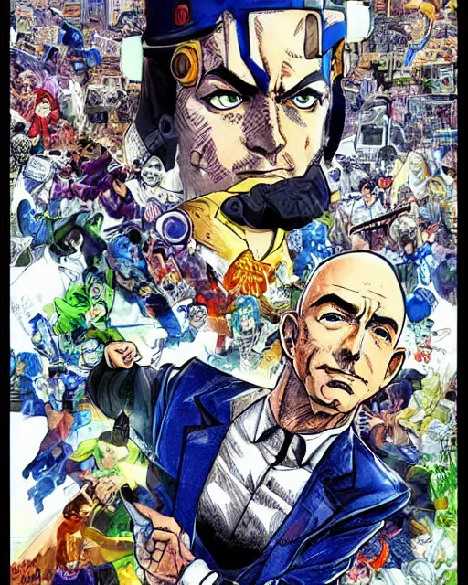 Image similar to Digital color ink drawing of Jeff Bezos from JoJo\'s Bizzare Adventure, highly detailed, sharp focus, screentone shading, 1990 manga panel, trending on ArtStation, manga cover art drawn by Hirohiko Araki