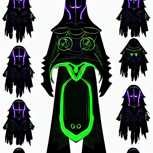 Prompt: bioluminescent neon ninja cloak designs for a character with umbrakinesis inspired by deep sea fish living in a dystopian hellscape