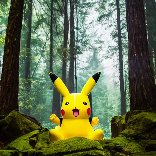 Image similar to a photograph of a group of people worshipping a giant pikachu in a forest. photo. photography. high quality. 4 k. 8 k