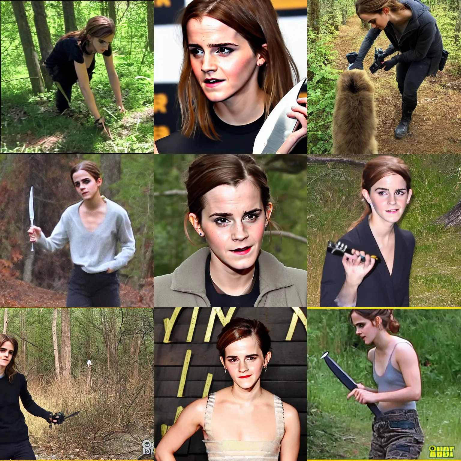 Prompt: trailcam footage of emma watson with a knife