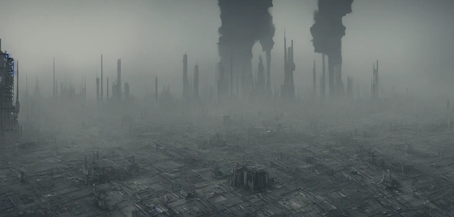 Image similar to city polluted industrial alien landscape, smoke, soot, cinematic, detailed, epic, widescreen, opening, establishing, mattepainting, photorealistic, realistic textures, octane render, hr giger and vincent di fate, vivid color scheme, featured in artstation, octane render, cinematic, elegant, intricate, 8 k