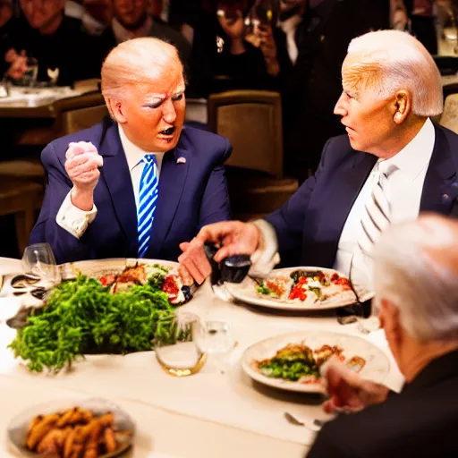 Image similar to Trump and Biden having dinner at a fancy Greek restaurant, award winning cinematic photography, 50 mm, blurred background, trending on Flickr