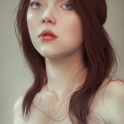 Image similar to a stunning artstation style portrait painting of grace charis, in the style of WLOP, eyes completely white, 8k masterpiece, curvy, slim build, full body, wide view cinematic lighting, pristine clean design, realistic, irresistable, insanely detailed,