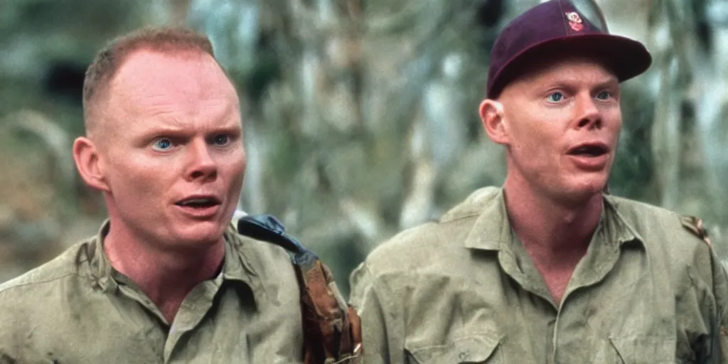 Prompt: a film still of Bill burr in platoon, high quality