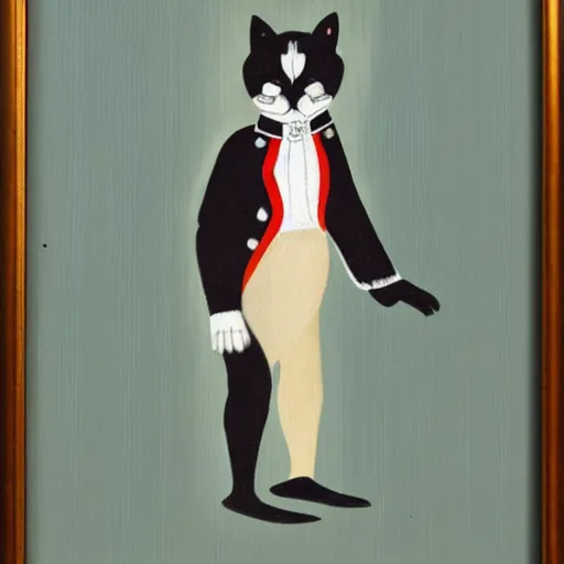 Prompt: a bauhaus style painting of a kitten in a napoleon style suit