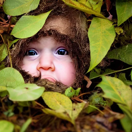 Image similar to award winning hyper realistic photograph of a baby sasquatch portrait hiding in the leaves peering out timidly with with large cute eyes