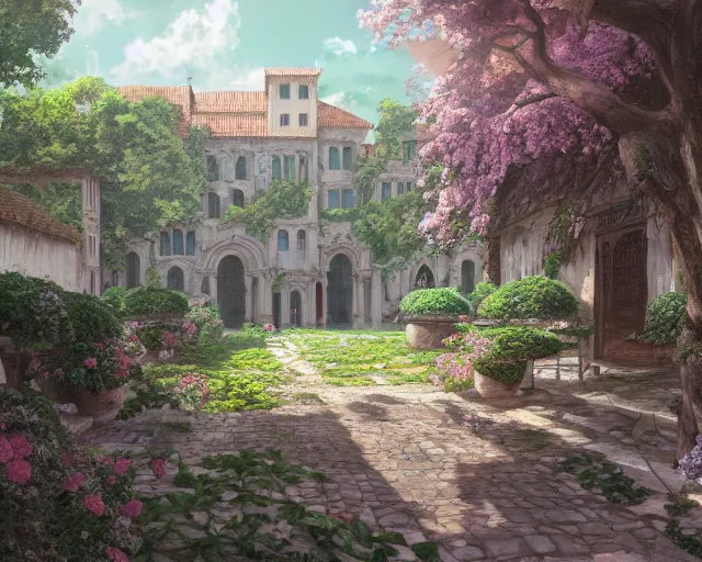 Prompt: environmental illustration of a cloister garden in a late renaissance city | | anime key visual, official media, illustrated by wlop, extremely detailed, 8 k, trending on pixiv, cinematic lighting, beautiful