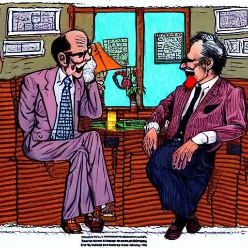 Prompt: The Artwork of R. Crumb and his Cheap Suit Doctor, pencil and colored marker artwork, trailer-trash lifestyle