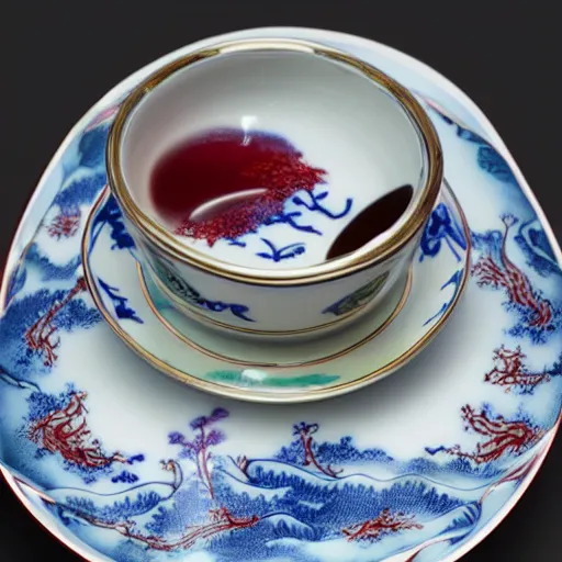 Prompt: astonishing japanese tea cup with amazing artwork on the side, product shoot, studio lighting