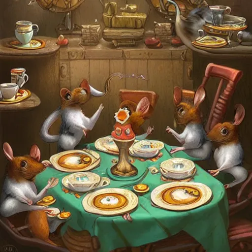 Prompt: mice at a tea party, lowbrow, matte painting, 3 - d highly detailed, style of greg simkins