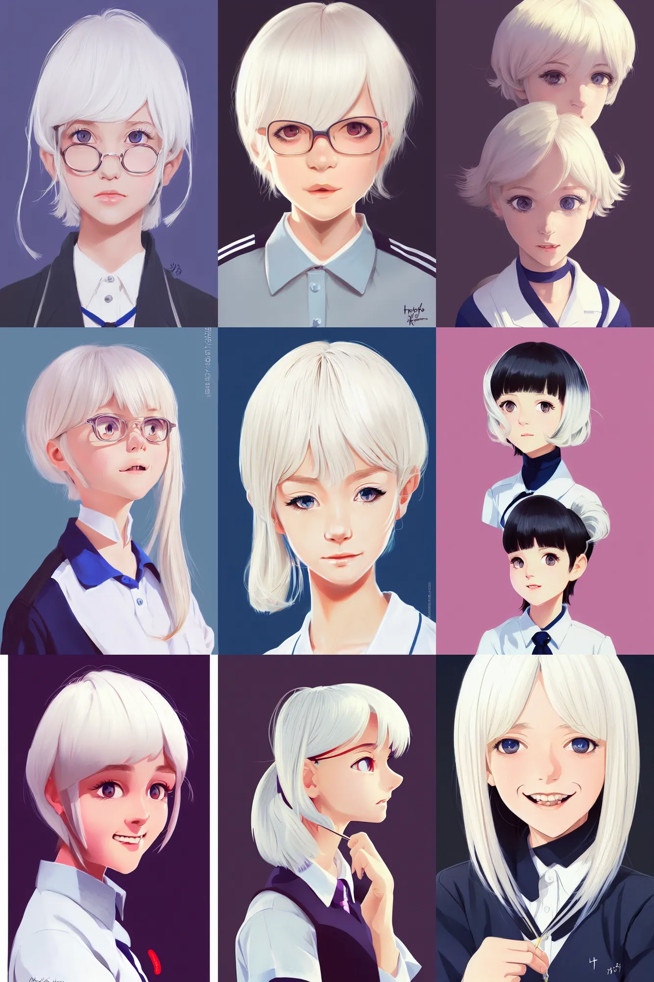 Image similar to a headshot of a very happy cute girl with shoulder - length white hair wearing school uniform, sharp focus, illustration, morandi color scheme, art station, high detailed, by ilya kuvshinov