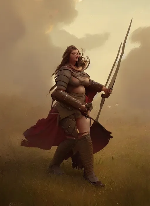 Image similar to hyper realistic photo of medieval chubby beautiful warrior girl, full body, rule of thirds, conceptart, saturated colors, cinematic, greg rutkowski, brom, james gurney, mignola, craig mullins, artstation, cgsociety