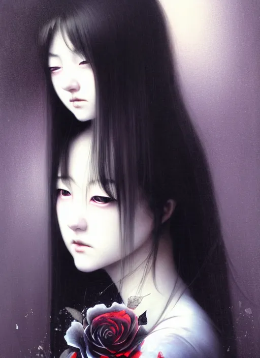 Prompt: an attractively pretty young woman with morbid thoughts wearing a Japanese-style school uniform, she is the queen of black roses, by Casey Baugh, Steve Caldwell, Gottfried Helnwein, Yasunari Ikenaga, and Range Murata.