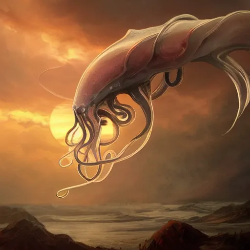 Image similar to angel squid monster with eyes on his tentacles looking at you sunset clouds digital painting, artstation, concept art, soft light, hdri, smooth, sharp focus, illustration, fantasy, intricate, elegant, highly detailed, D&D, matte painting, in the style of Greg Rutkowski and Alphonse Mucha and artemisia, 8k, highly detailed, jurgens, rutkowski, bouguereau, pastoral, rustic, georgic