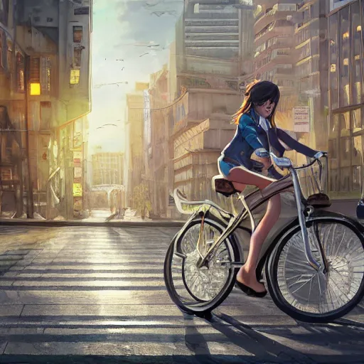 Image similar to girl riding on bike through city, digital art, by ben weiner, richard estes, range murata, akiyuki shinbou, yoshitaka amano, wlop, highly detailed, realistic, cinematic, bold colours, photorealism, 4 k, wide angle lens, trending on artstation, artgerm