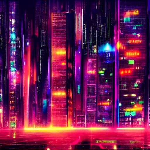 Image similar to Neon cyber city, bright, tall buildings, night time, digital painting, concept art, sharp focus, pixiv, artstation, 4k, by Robert Del Naja and Chris Cunningham and Andrew Jones