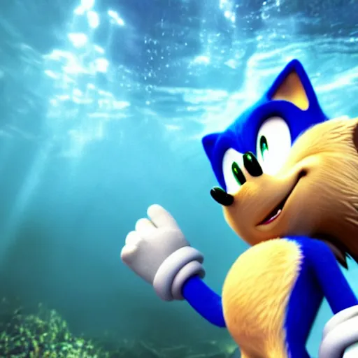 Image similar to stunning awe inspiring photorealistic sonic the hedgehog underwater gasping for air, movie still 8 k hdr atmospheric lighting