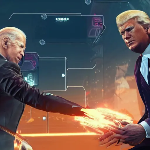 Image similar to a screenshot of joe biden and donald trump fighting in cyberpunk 2 0 7 7, 4 k, highly detailed