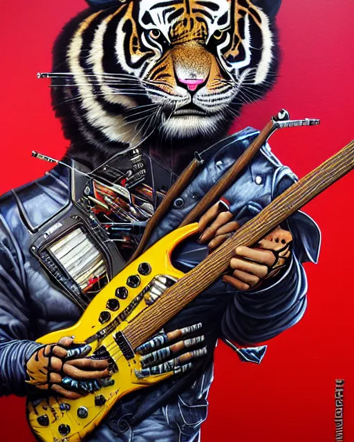 Image similar to a portrait of an anthropomorphic cyberpunk roaring tiger shredding an electric guitar as the guitar melts by sandra chevrier, by jon foster, detailed render, tape deck, epic composition, cybernetics, 4 k realistic, cryengine, realistic shaded lighting, sharp focus, masterpiece, by enki bilal