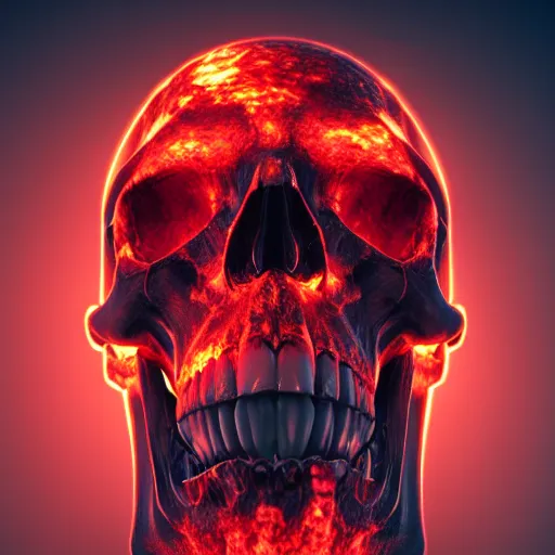 Image similar to a highly detailed human skull on fire in front of a glowing red background, 3 d, fire through eyes, octane render, symmetrical, hyper realism, highly detailed, digital art, artstation, concept art, cinematic lighting, strong bokeh, trending