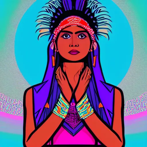 Prompt: a portrait of a beautiful indian indigenous woman, in retro colors, synthwave style, 2 d digital vector art