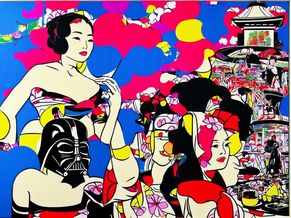 Image similar to hyperrealistic composition, in the middle a woman in a japanese kimono, behind her stands darth vader, in front of her a table from the casino, in the background is mount fuji and fireworks, pop - art style, jacky tsai style, andy warhol style, roy lichtenstein style, round canvas, acrylic on canvas