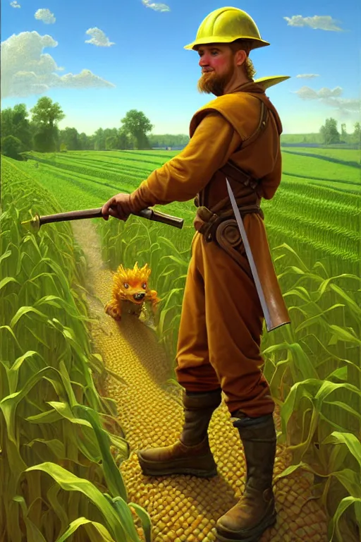 Prompt: classical oil painting, a medieval fantasy kobold that is dressed as a worker, as a dnd character, standing in a corn field, cottagecore, highly detailed, digital illustration, concept art, smooth, sharp focus, art by tim hildebrandt, and greg hildebrandt
