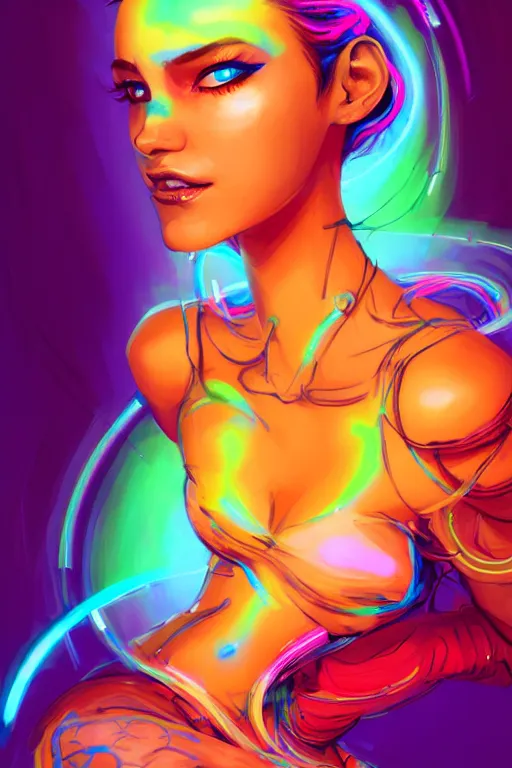 Image similar to a award winning half body portrait of a beautiful woman with stunning eyes in a off shoulder croptop and cargo pants with rainbow colored hair, outlined by whirling illuminated neon lines and fine lines swirling in circles by jesper ejsing and rhads and makoto and shinkai and lois van baarle, digital art, trending on artstation