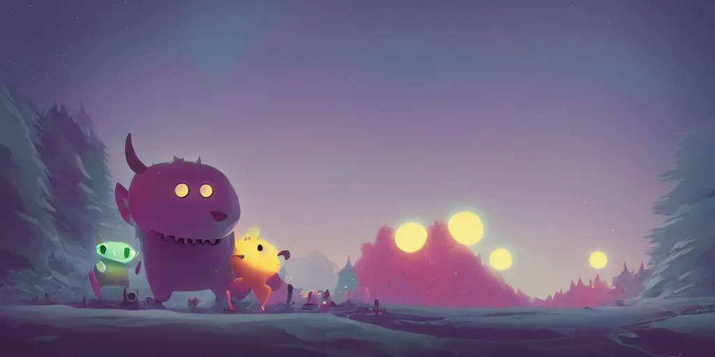 Image similar to cute monsters and Aurora borealis by Goro Fujita and Simon Stalenhag , 8k, trending on artstation, hyper detailed, cinematic