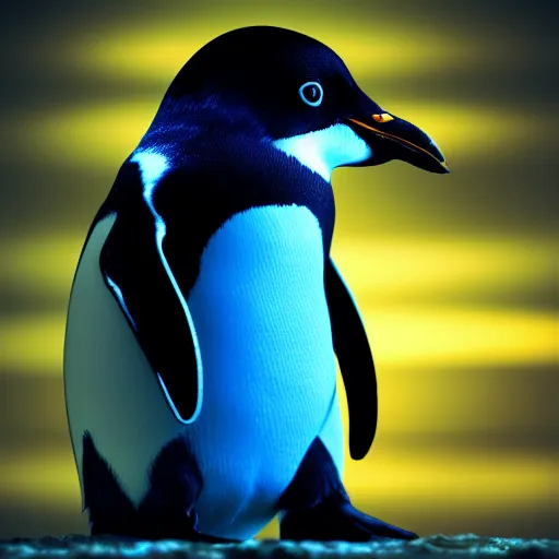 Image similar to portrait photo of linux penguin as a jedi, blue and yellow lighting, dark, cinematic, high quality, 4 k