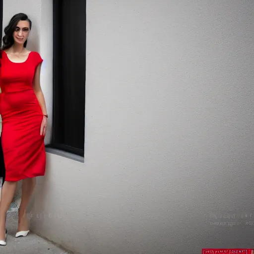 Image similar to Stunning studio photograph of Gal Godot in a red dress smiling slightly for the camera, XF IQ4, f/1.4, ISO 200, 1/160s, 8K, RAW, unedited, symmetrical balance, in-frame, sharpened