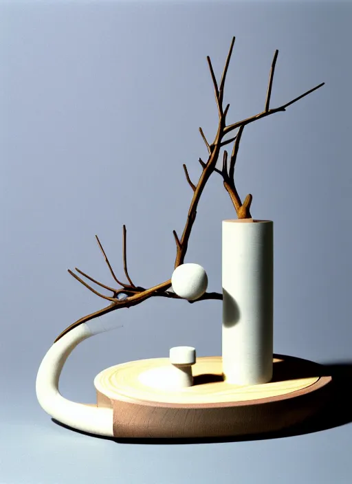 Prompt: realistic photo of a a common wooden branches astronomy archeology chemistry nest scientific sculpture model equipment gadget object made of wooden branches, a tumbler is made of white clay, a handle is made of white fluffy fur, by dieter rams, background is grey monochrome 1 9 9 0, life magazine reportage photo, natural colors, metropolitan museum collection