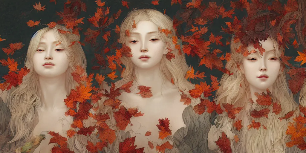 Prompt: breathtaking detailed concept art painting pattern of blonde faces goddesses amalgamation autumn leaves with anxious piercing eyes and blend of flowers and birds, by hsiao - ron cheng and john james audubon, bizarre compositions, exquisite detail, extremely moody lighting, 8 k