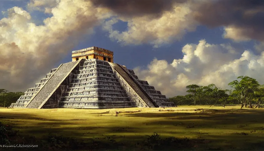 Prompt: excellent painted mayan city Chichen Itza 900 AD in a wide epic beautiful landscape somewhere in mexico with fluffy clouds, painted by Hans Fredrik Gude, Greg Rutkowksi, Craig Mullins and Artgerm, masterpiece, 4k, ultra realistic highly detailed oil painting