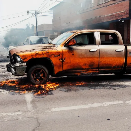 Image similar to photograph of a rusty dodge ram on fire in the street