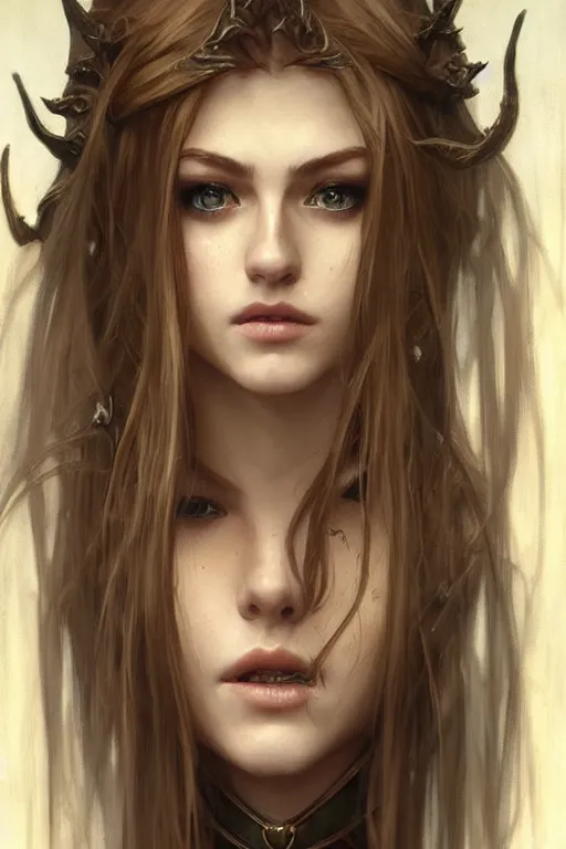 Image similar to portrait of katherine mcnamara elven mage, dark, piercing eyes, gentle expression, elegant clothing, photorealistic, highly detailed, artstation, smooth, sharp focus, art by michael whelan, artgerm, greg rutkowski and alphonse mucha